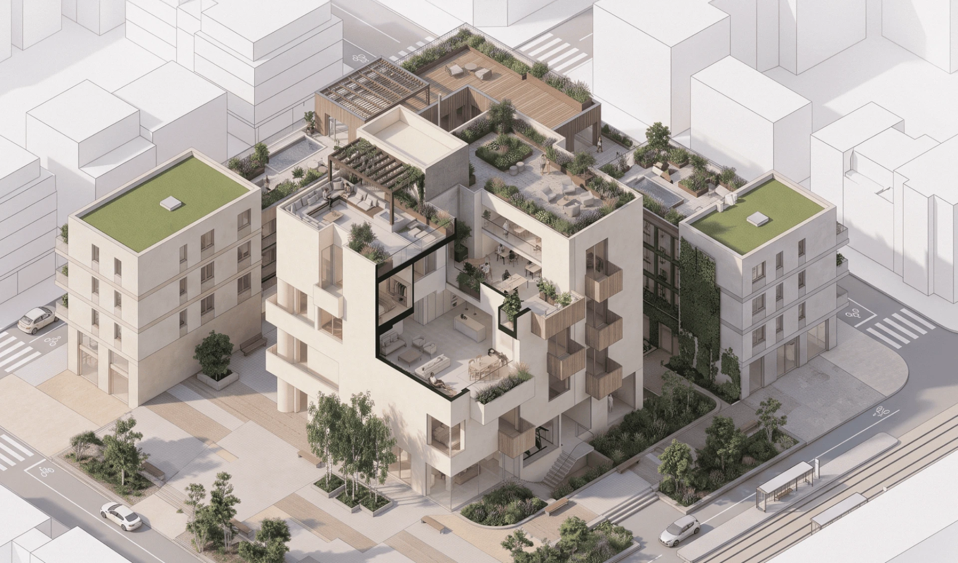 Isometric illustration of a connected city block managed with Hydda