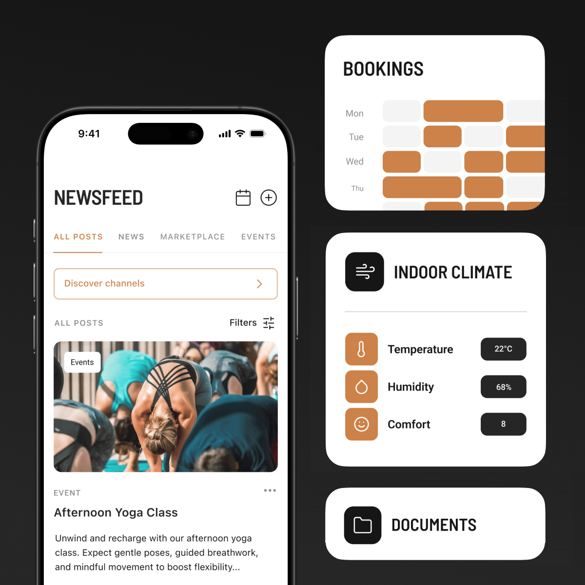 Hydda platform interface showing newsfeed, bookings, indoor climate control, and documents